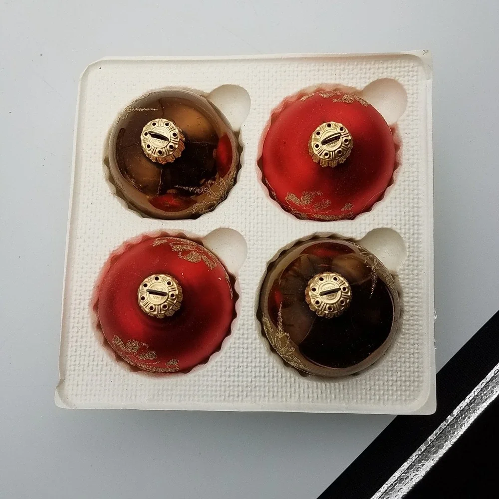 Vintage Lot 4 glass ornaments Christmas Classics Gold Red Glitter‎  w/Box